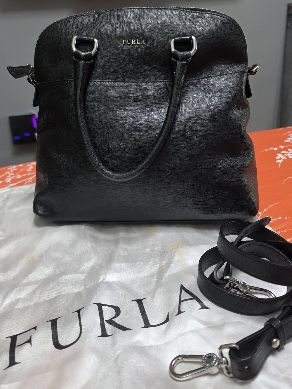 Furla Black Leather Satchel with Detachable Strap